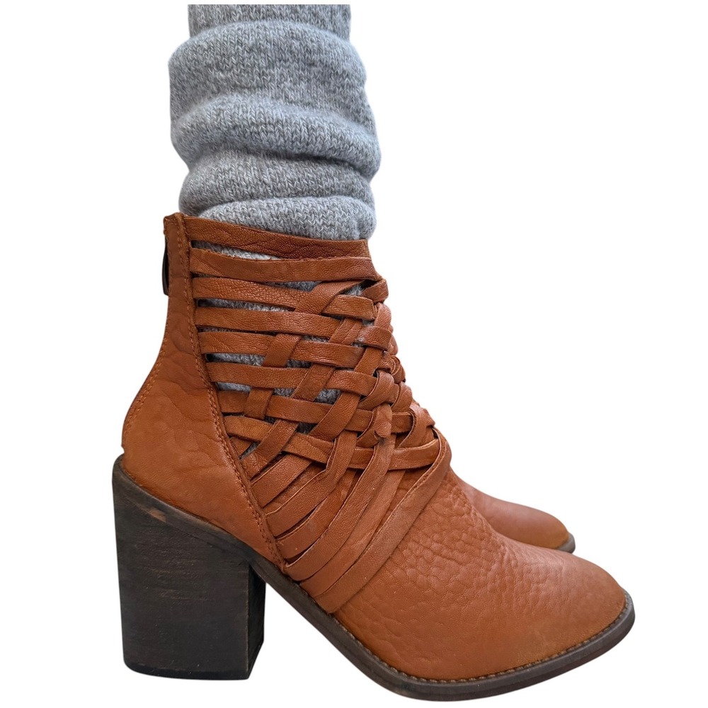 Free People Woven Leather Ankle Boots Braided Boho Coastal Cowgirl Tan Size 37 7